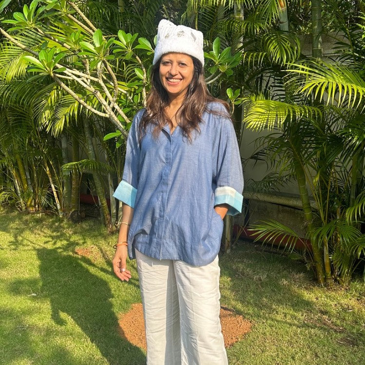 Ana Denim-Look Cotton Shirt with Checkered Cuffs | Poppy & Co