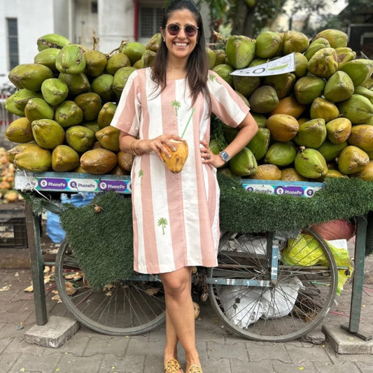 Tropic shift dress in cream & beige stripes with banana tree motif
