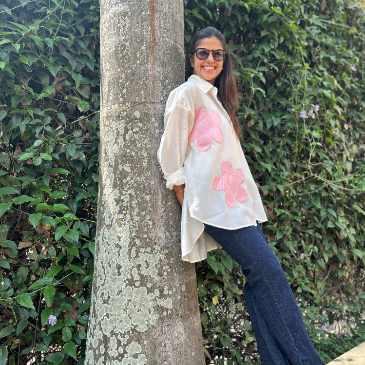 Bloom White and Pink Flower Floral Motif Shirt