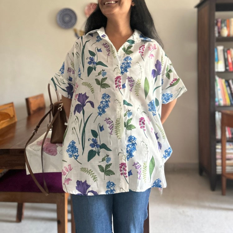 Brookie White Floral Print Lin'en Shirt