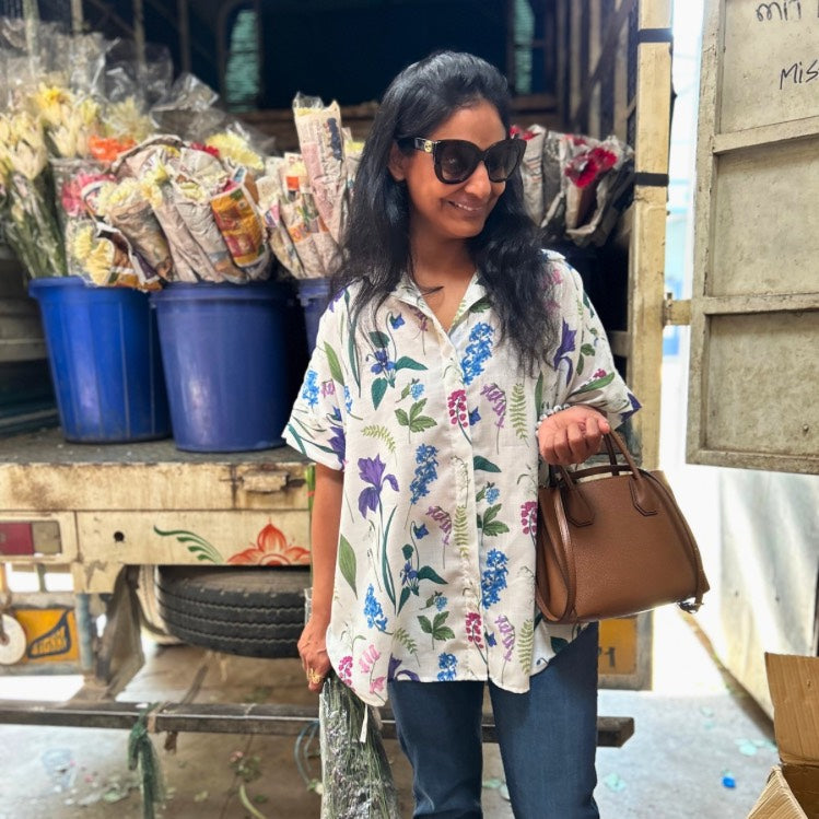 Brookie White Floral Print Lin'en Shirt
