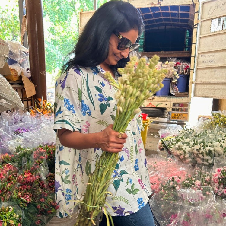 Brookie White Floral Print Lin'en Shirt