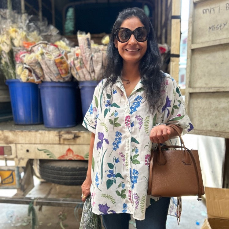 Brookie White Floral Print Lin'en Shirt