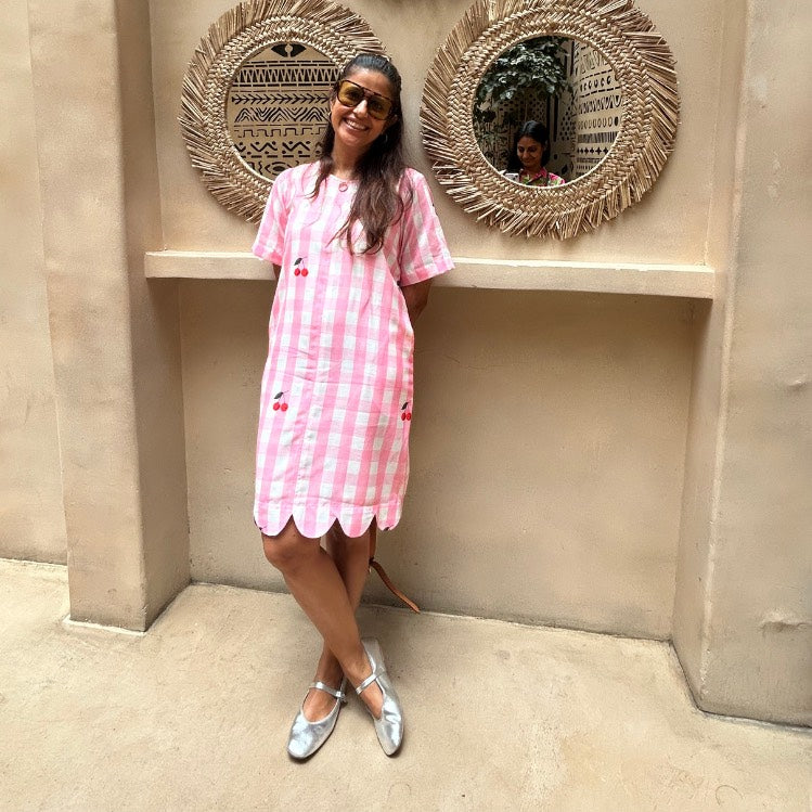 Audrey Shift Dress in Pink Gingham Check with Red Cherry