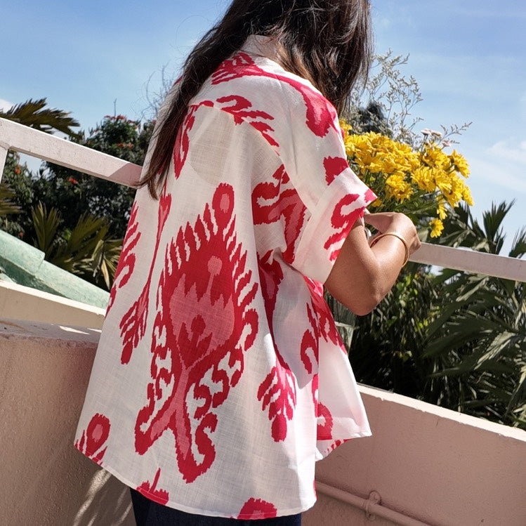 Coco Pink & White Ikat Soft Lin'en Shirt