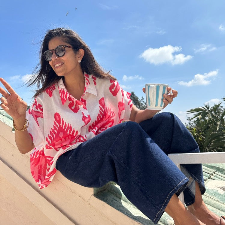 Coco Pink & White Ikat Soft Lin'en Shirt