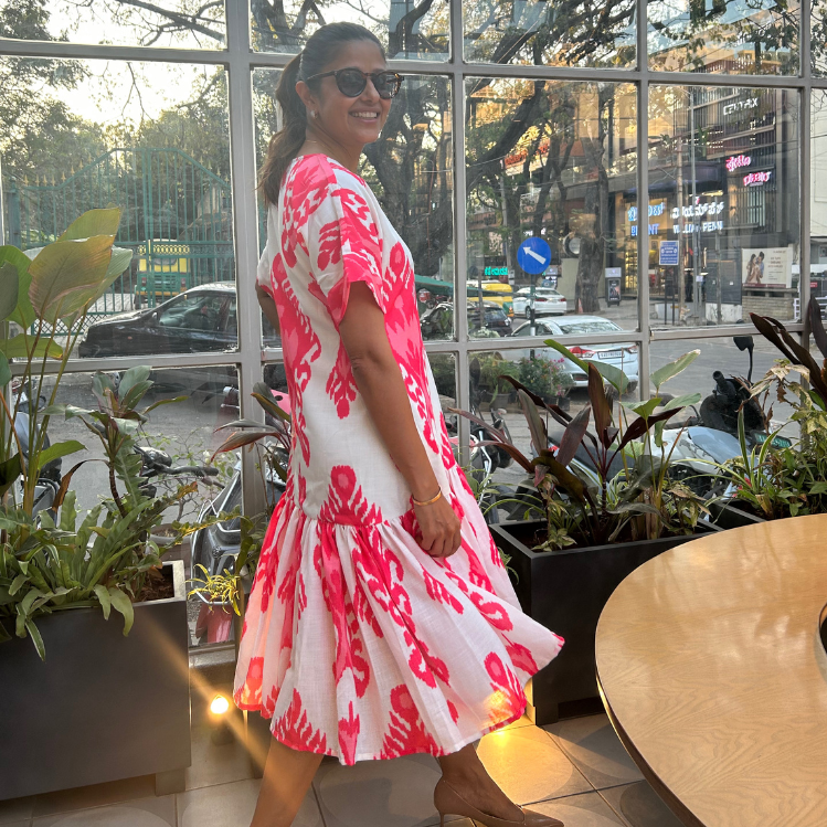 Blended linen white & pink ikat shift dress with easy fit and soft breathable fabric