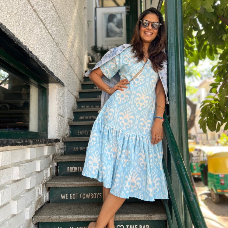 Jolene white & blue ikat dress with sleeves and frill hem