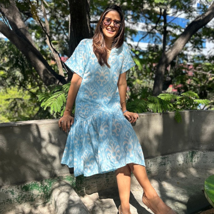 White & blue ikat print linen dress