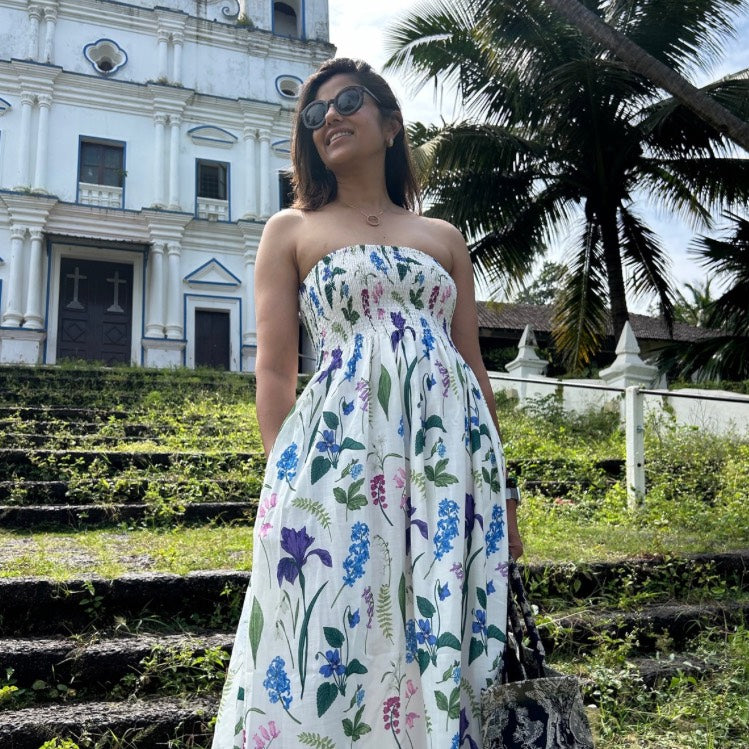 Chloe white floral bodice dress with bustier fit and flowing skirt