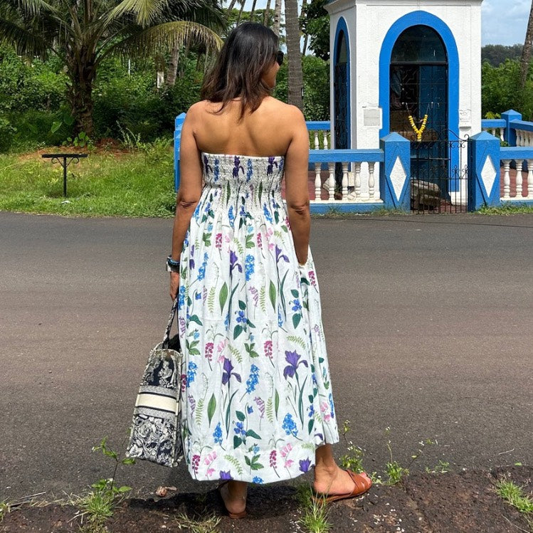Elastic bustier detail on Chloe white floral linen dress