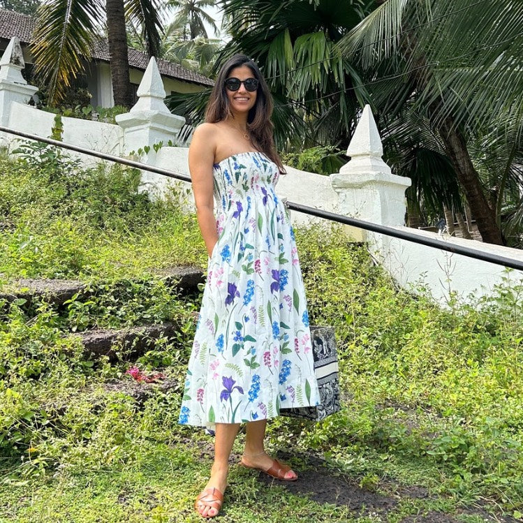 White floral linen sunset dress with elegant bustier and pockets
