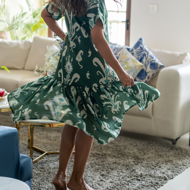 Jolene Deep Green & Mint Ikat Dress – Blended Linen with Frill Hem