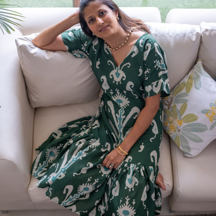 Jolene Deep Green & Mint Ikat Dress – Blended Linen with Frill Hem