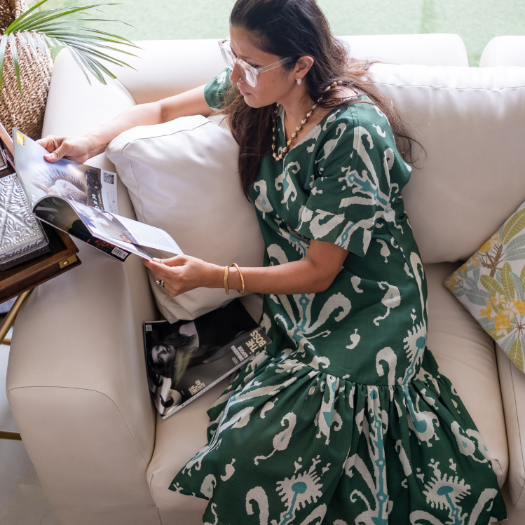 Jolene Deep Green & Mint Ikat Dress – Blended Linen with Frill Hem
