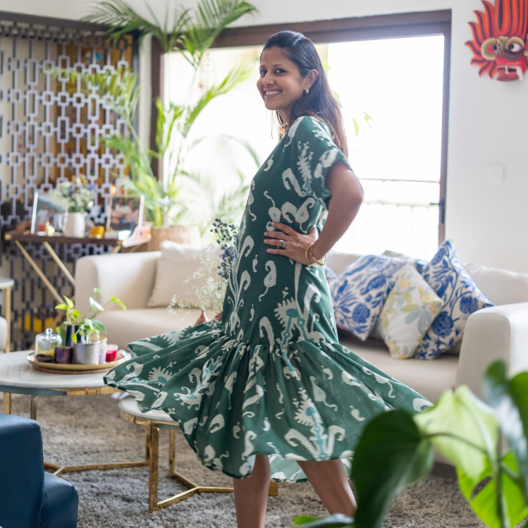 Jolene Deep Green & Mint Ikat Dress – Blended Linen with Frill Hem