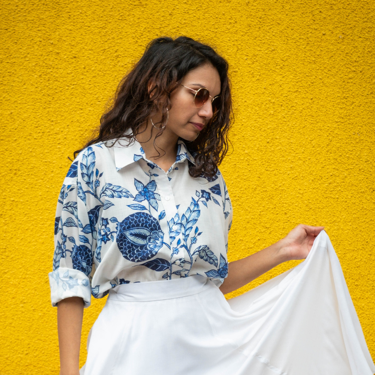 Blue White Pomegranate Chintz Print Oversized Soft Lin'en Shirt