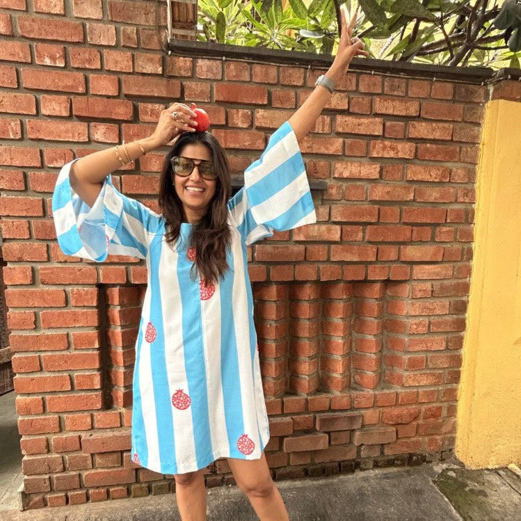 Audrey Blue & White Stripe with Anaar Motif Shift Dress