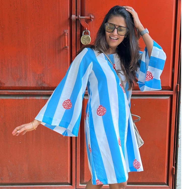 Audrey Blue & White Stripe with Anaar Motif Shift Dress