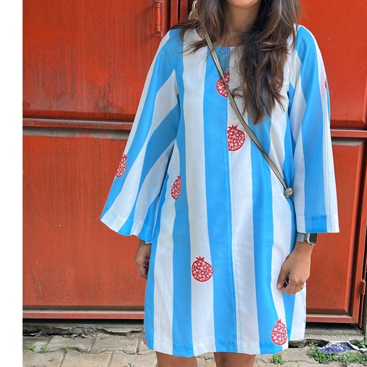 Audrey Blue & White Stripe with Anaar Motif Shift Dress