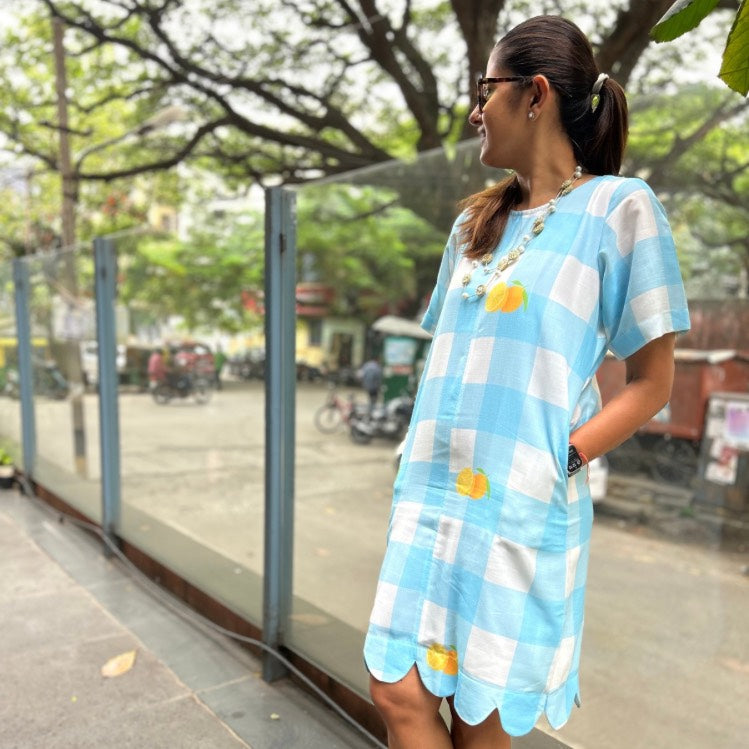 Audrey Shift Dress Blue Gingham Checks & Lemon Print