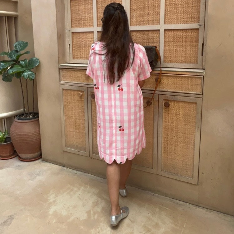 Audrey Shift Dress in Pink Gingham Check with Red Cherry