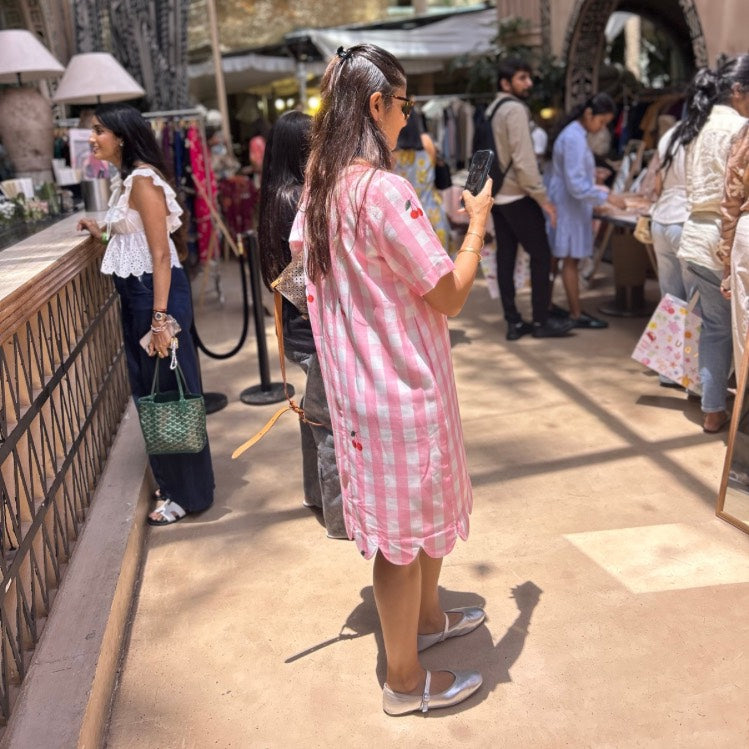 Audrey Shift Dress in Pink Gingham Check with Red Cherry