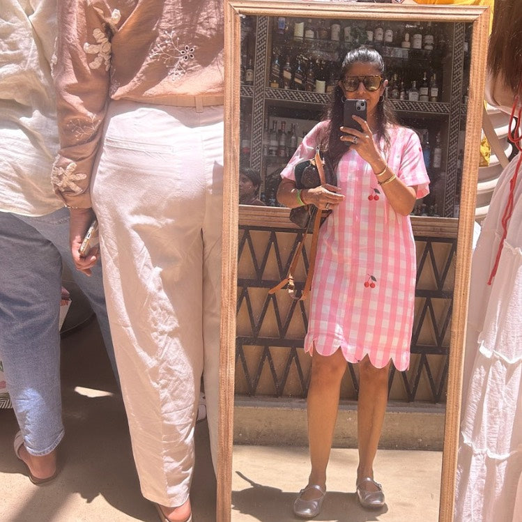 Audrey Shift Dress in Pink Gingham Check with Red Cherry