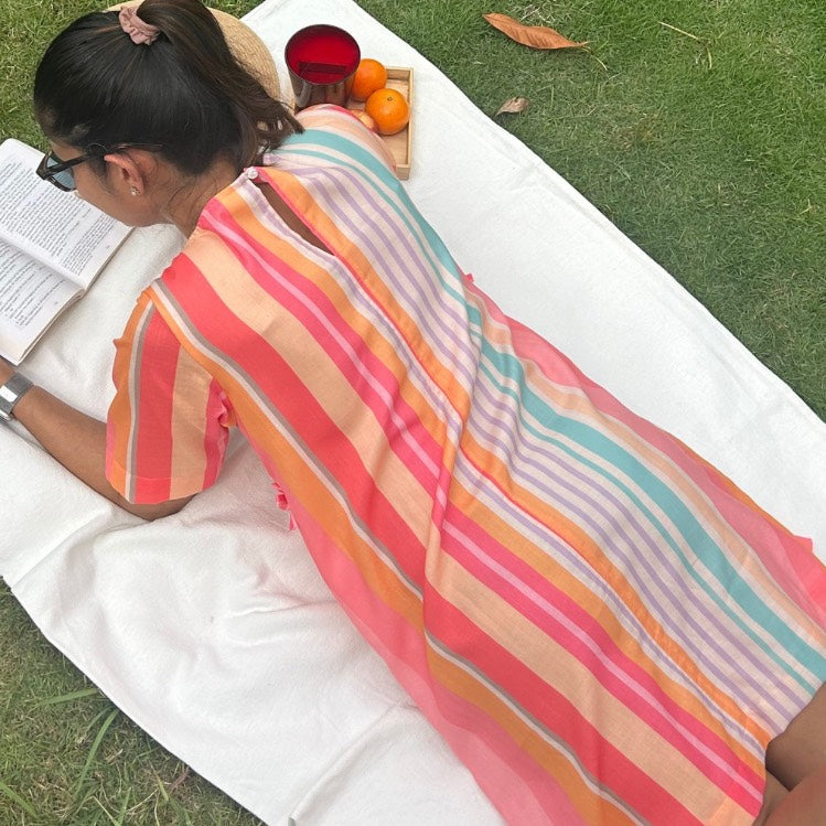 Audrey Shift Dress: Peach, Blue & White Stripe