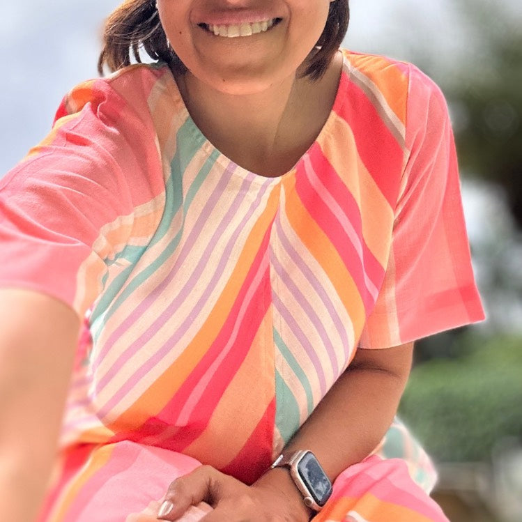 Audrey Shift Dress: Peach, Blue & White Stripe