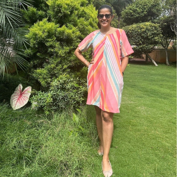 Audrey Shift Dress: Peach, Blue & White Stripe