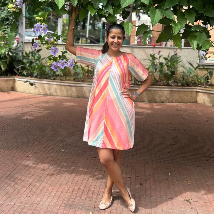 Audrey Shift Dress: Peach, Blue & White Stripe