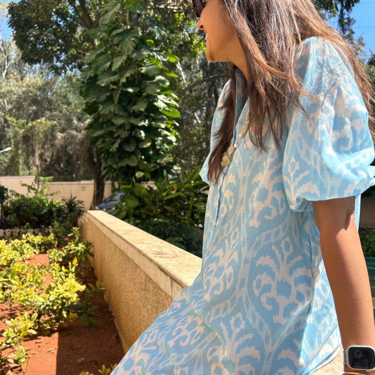 Serena Blue and White Ikat Print Midi Dress