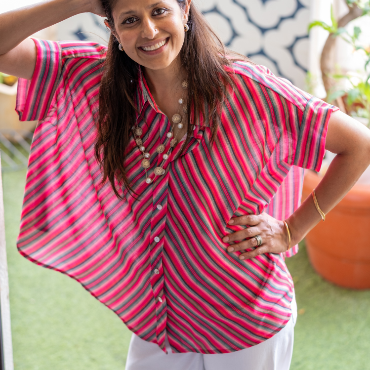 Coco Pink & Multi Blue Stripes Soft Lin'en Shirt