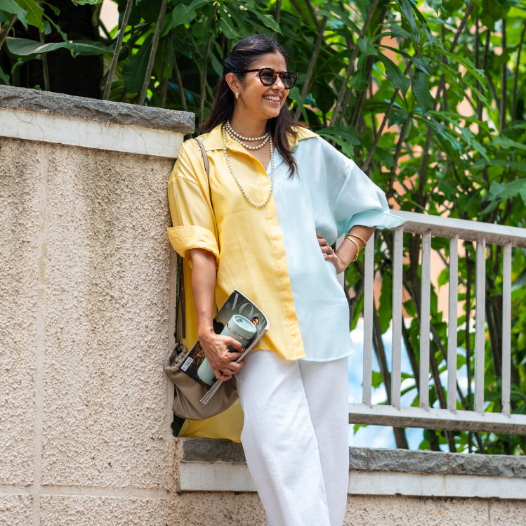 Mira Mango Yellow & Baby Blue Cotton Shirt