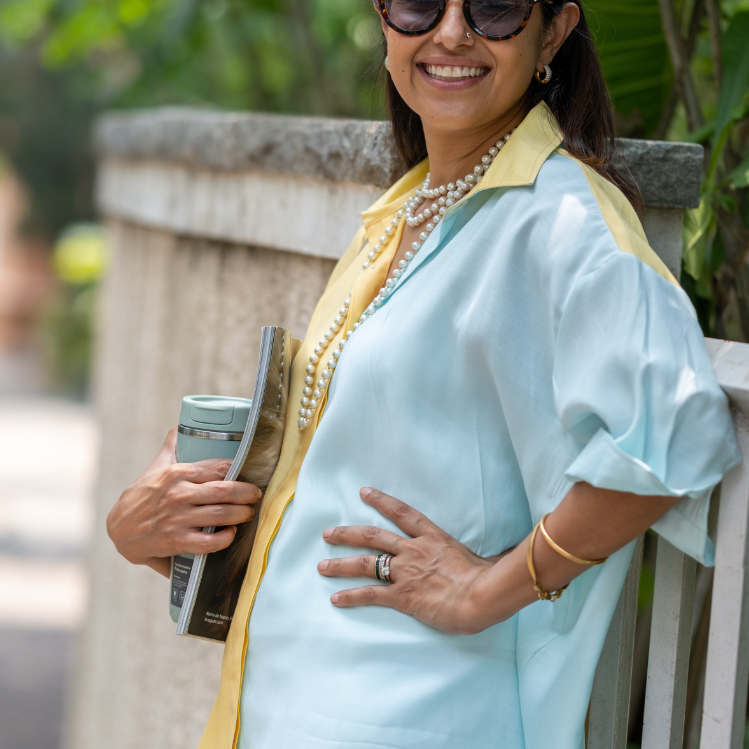 Mira Mango Yellow & Baby Blue Cotton Shirt