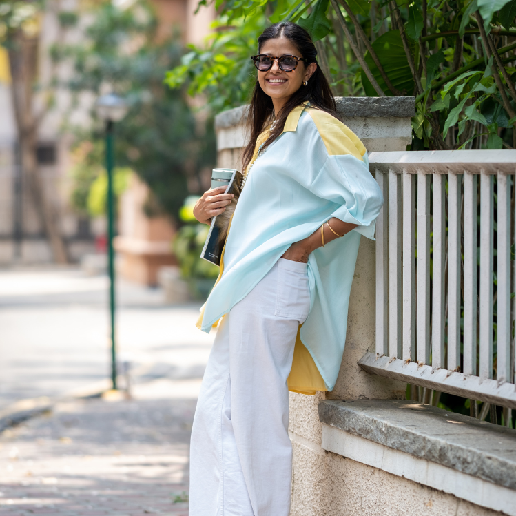 Mira Mango Yellow & Baby Blue Cotton Shirt