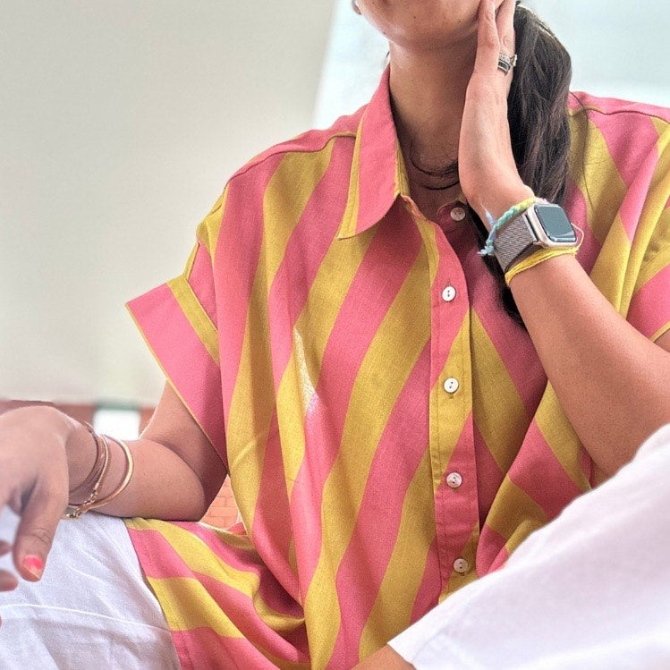 Coco Salmon Pink & Yellow Stripes Soft Lin'en Shirt