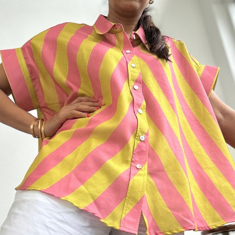 Coco Salmon Pink & Yellow Stripes Soft Lin'en Shirt