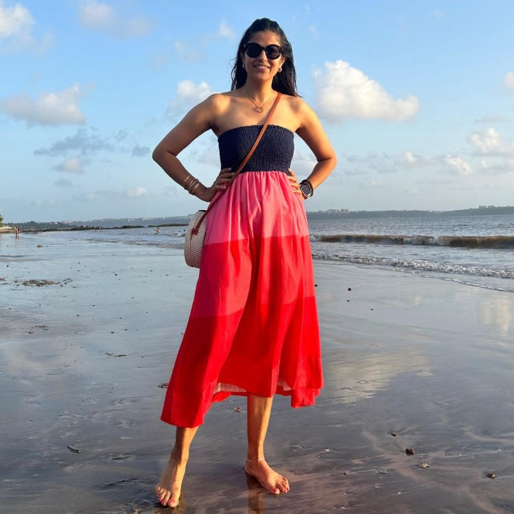 Chloe sunset bodice dress in blue and pink linen