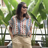 COCO Flared Shirt – Blue & White with Red Geometric Print | Poppy & Co