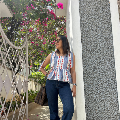 Picnic Peplum: White, Blue & Red Stripe Bow Top
