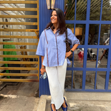 Sundae Racer-Stripe Pleated Shirt — Periwinkle Blue | Poppy & Co