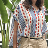 COCO Flared Shirt – Blue & White with Red Geometric Print | Poppy & Co