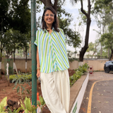 Coco Stripe Shirt in Green & Blue | Women's Oversized Cotton Shirt | Poppy & Co