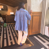 Sundae Racer-Stripe Pleated Shirt — Periwinkle Blue | Poppy & Co