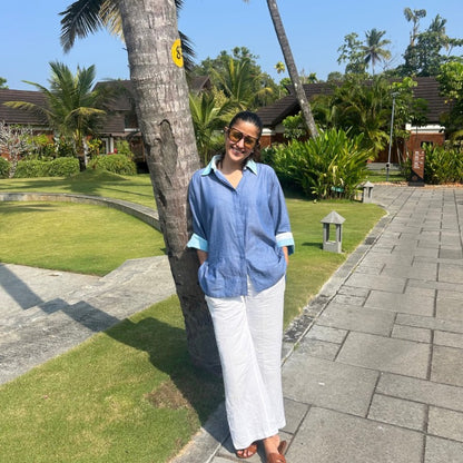 Ana Denim-Look Cotton Shirt with Checkered Cuffs | Poppy & Co