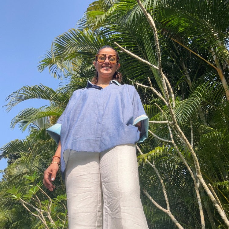 Ana Denim-Look Cotton Shirt with Checkered Cuffs | Poppy & Co