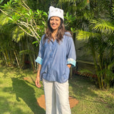 Ana Denim-Look Cotton Shirt with Checkered Cuffs | Poppy & Co