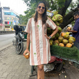 Cream & beige striped linen blend shift dress